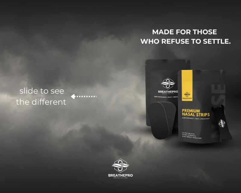 BreathePro nasal strip packaging with a dark, cloudy background and text.