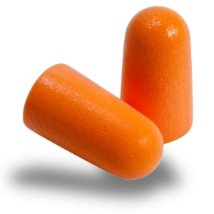 Two orange earplugs on a white background