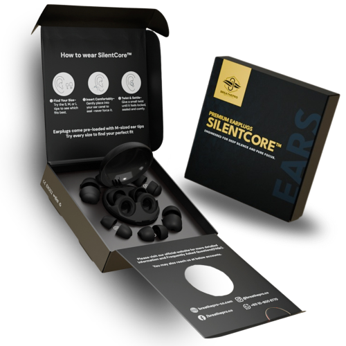 SilentCore earplugs in an open packaging box on a white background
